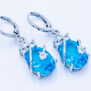 Blue Green Zircon Silver Drop Earrings